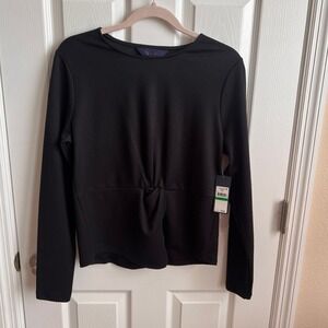 NEW Rachel Roy Knot Front Top Long Sleeve‎ Ribbed Blouse Black Size L